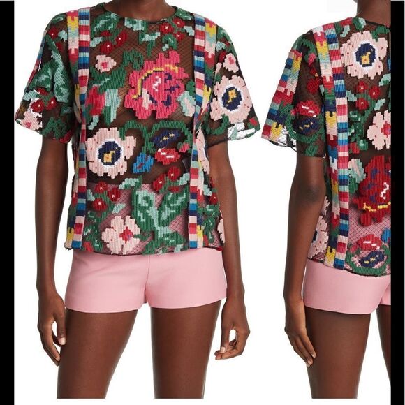 Valentino Tops - Valentino Women’s sheer textured floral short sleeve blouses size 8, NWT